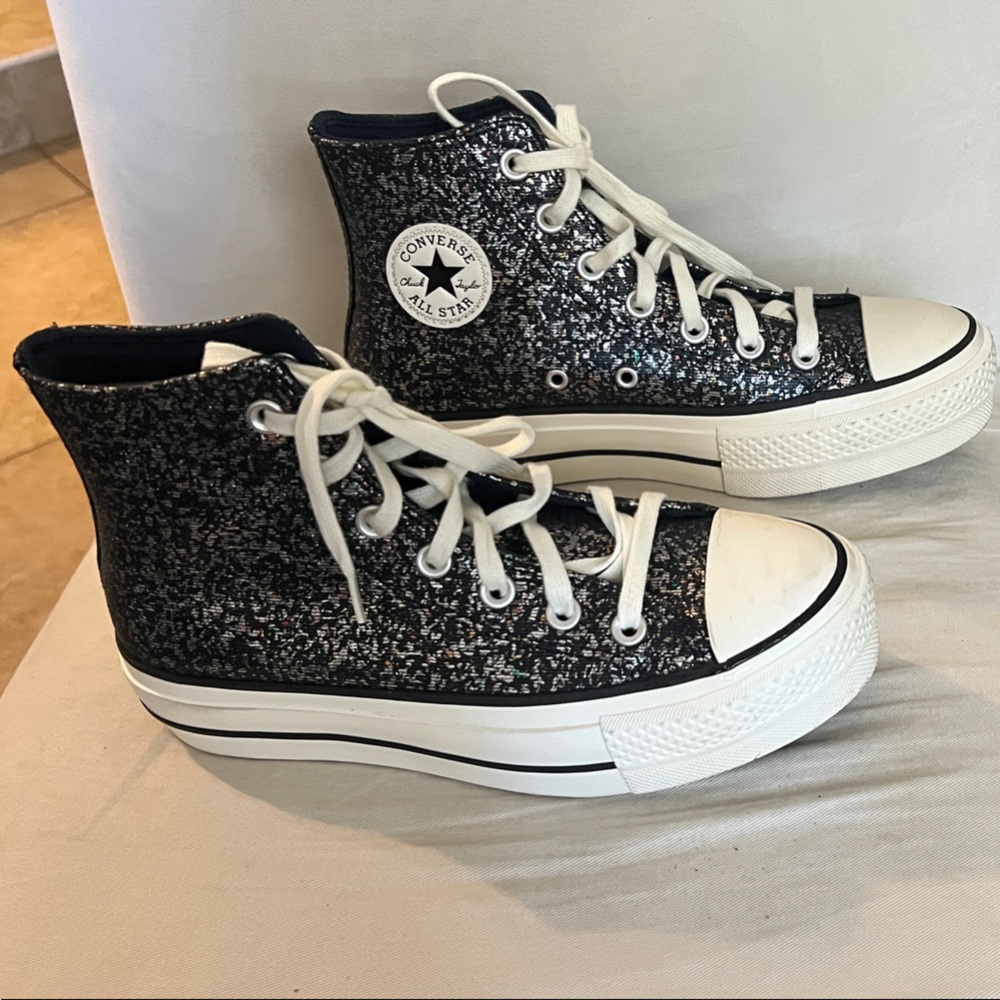 Converse Black Glitter High-Tops with White Accents